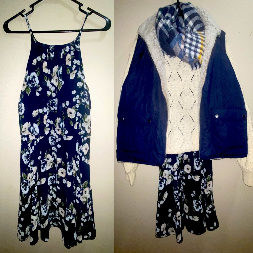 Navy floral halter neck dress
